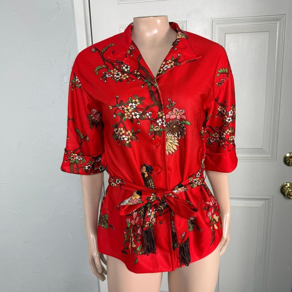 Vintage 70s Shirt Leslie Fay Floral Retro Blouse Polyester Button Knit Tie LL24